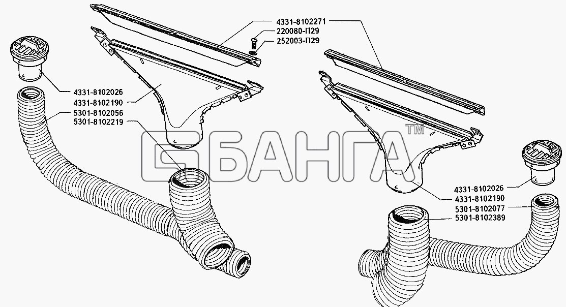 ЗИЛ ЗИЛ-5301 (2006) Схема Воздуховоды отопителя кабины-192 banga.ua
